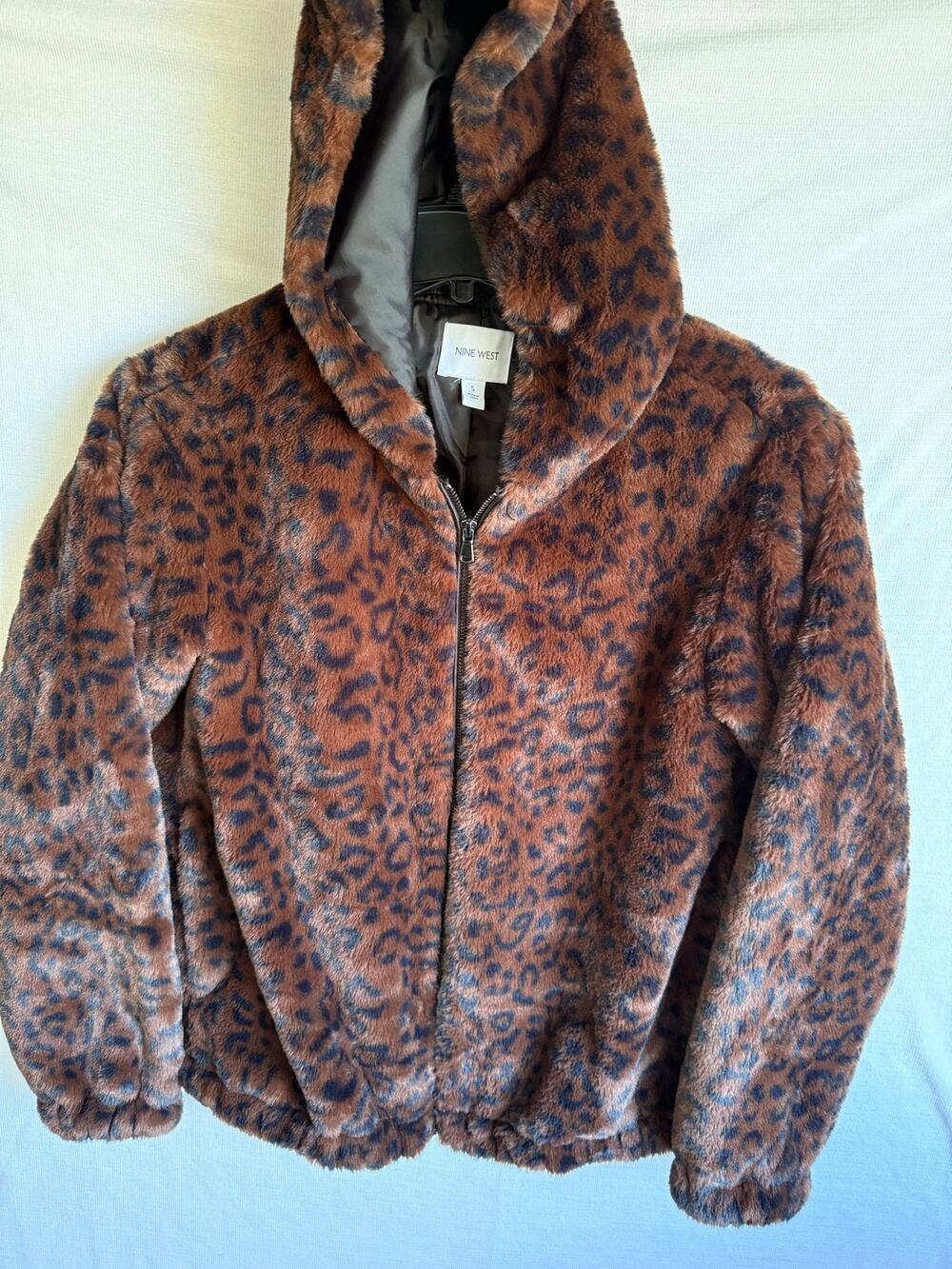 Nine West Faux Fur Leopard/Cheetah Print Hooded Bomber Jacket.